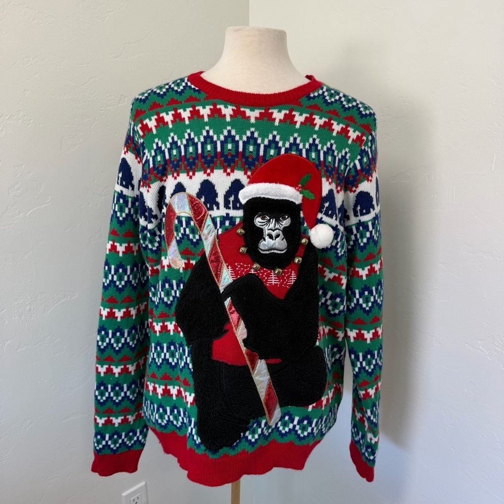 Holiday Time Men’s Gorilla Christmas Gift Red Green Sweater Size XL